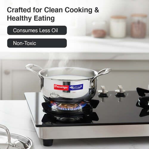 Prestige 16cm/1.5L Tri-Ply Stainless Steel Splendid Casserole| Gas and Induction Compatible |Even Heat Distribution| Thick Gauge Tri-Ply Body| Perma Cool Handles|15 Year Warranty