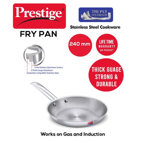 Prestige 24cm/1.75L Tri-Ply Stainless Steel Splendor Fry Pan| Gas & Induction Compatible| Even Heat Distribution| Strong and Durable| Thick Gauge| Lifetime Warranty