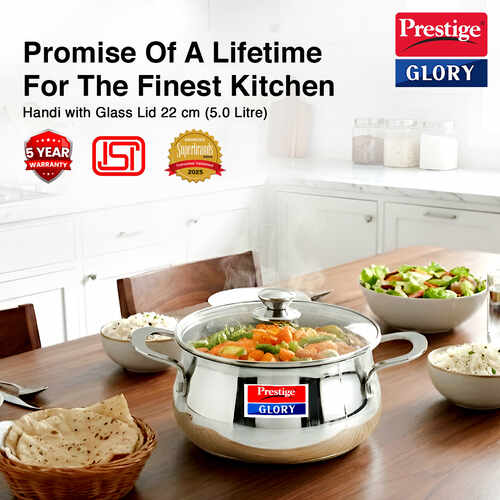 Prestige Glory Stainless Steel Cookware Handi 22 Cm / 5.0 L With Glass Lid