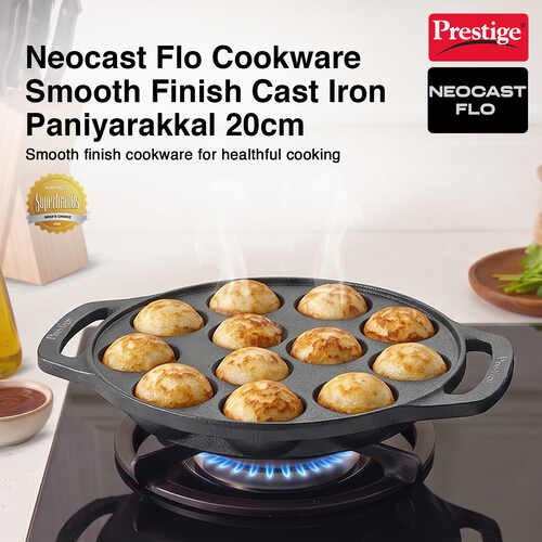 Prestige Cast Iron Paniyarakkal/Appe Patra 12 pit | Ferrocast Flo | Non-Stick | Gas & Induction Compatible | Chemical Free | Preseasoned | Sturdy Handle | Healthy Eating | Lifetime Warranty