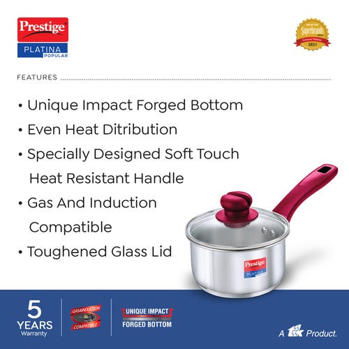 Prestige Platina Popular Stainless Steel Unique Impact Forged Bottom Sauce Pan with Glass Lid, 20cm (3 L) (Silver)