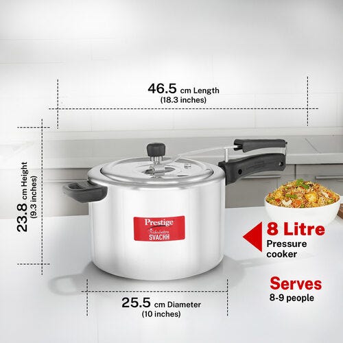 Prestige Nakshatra Svachh Aluminium Inner Lid Pressure Cooker with Unique Deep Lid for Spillage Control, 8 L