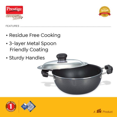 Prestige Omega Select Plus Aluminium Flat Base Non-Stick Coating Kadai with SS Lid, (Black)
