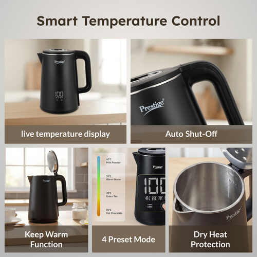 Prestige Digi Kettle 2.0 Litre with 4 Preset Modes| Live Temperature Display| Elegant Cool Touch Design| Auto-Cut Off and Dry Heat Protection| 360 Degree Swivel Base