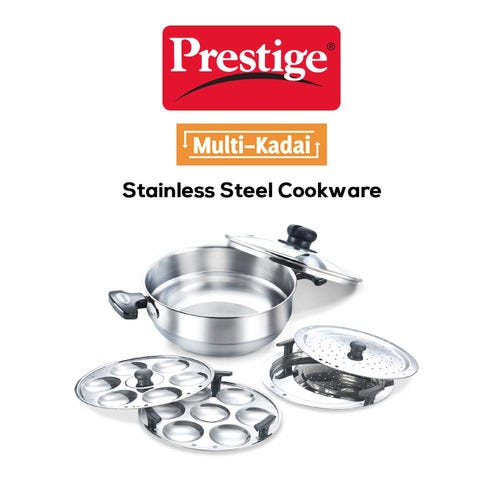 Prestige Stainless Steel Induction Base Multi-Kadai with Glass Lid (Dhokla Plate, Patra Plate, Idli Plates), 28cm (Silver)