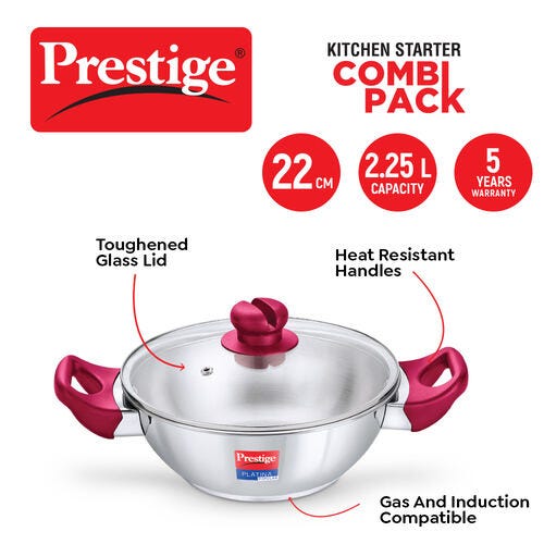 Prestige Nakshatra Cute Svachh 3 L Pressure Cooker + Platina Popular 22 cm (2.25 L) Kadai with Glass Lid and Platina Popular 22 cm (1.9 L) Fry Pan Kitchen Set