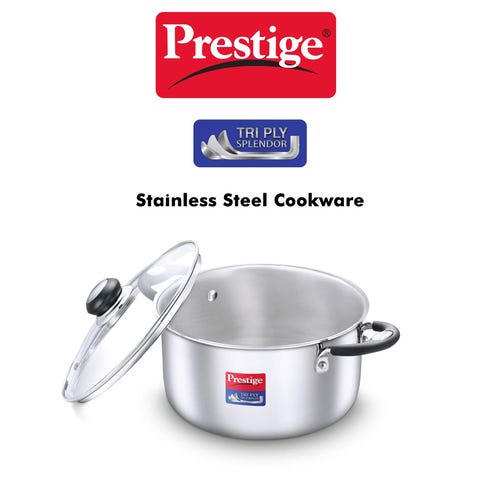 Prestige 20cm/3.25L Tri-Ply Stainless Steel Splendor Casserole with Glass Lid|Gas and Induction Compatible| Even Heat Distribution|Strong and Durable| Perma-Cool Handles| Lifetime Warranty