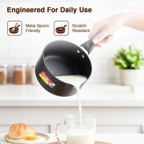 Prestige Hard Anodised Plus Gas and Induction Compatible Milk Pan with Glass Lid, 16cm, 1.5 L (Black)