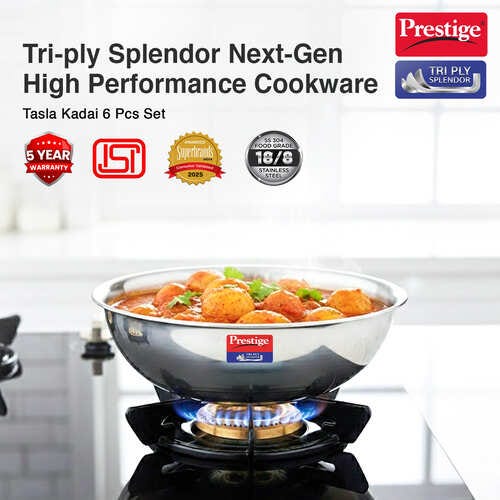 Prestige 6 PC Tri ply Tasla Kadai Set with free Pakkad | Gas & Induction Compatible| 304 food grade stainless steel