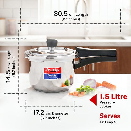 Prestige 1.5 Litre Stainless Steel Popular Outer Lid Pressure Cooker | Deep lid for spillage control | TRIPLY Base | Gas & Induction Compatible | Gasket Release System | 5Y Warranty | ISI Certified