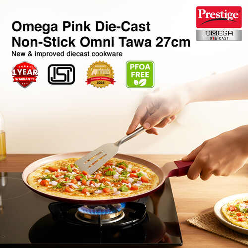 Prestige 27cm Omega Die-Cast Non-Stick Omni Tawa | 3-Layer Coating | Die-Cast Body | Metal Spoon Friendly | Heavy Base | Pink