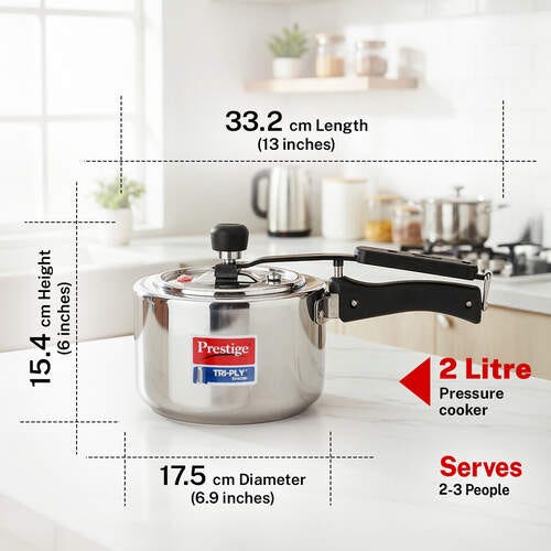Prestige 2 L Tri-Ply Svachh Inner Lid Pressure Cooker| Gas and Induction Compatible| Spillage Control| Even Heat Distribution| Low Cooking Oil| Faster Cooking| 5 Years Warranty| Silver