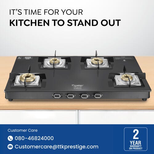 Prestige Royale Quadra 4 Burner Glasstop Glass Stove|Superior Toughened Glass with 5-Year Warranty| 3-Way Nozzle Design|Tri-Pin Jumbo Burner |Uniquely Designed Pan Support |Elegantly Designed Knobs