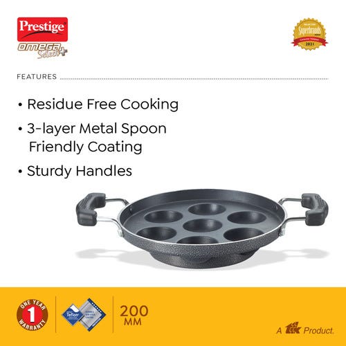 Prestige Omega Select Plus Teflon Coating Residue-free Cooking Round Base Paniyarakkal (Black)