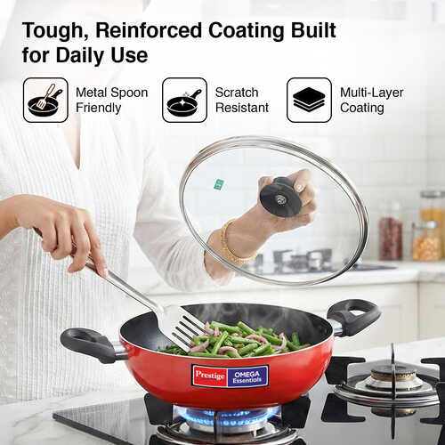 Prestige Omega Aluminium Non-Stick Essentials Kadai Dia 24 cm /2.4 L with Glass Lid