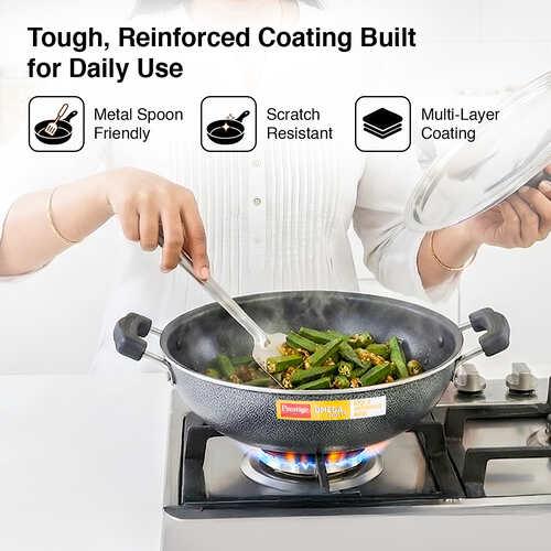 Prestige Omega Select Plus Aluminium Flat Base Non-Stick Coating Kadai with SS Lid, 27cm (Black)