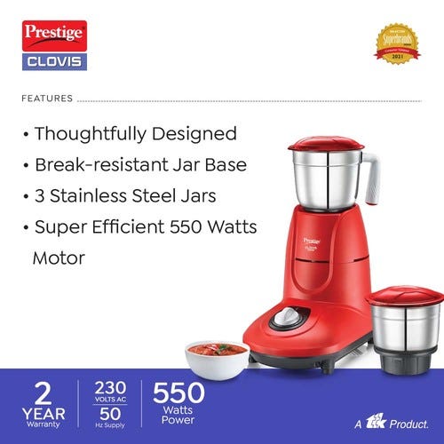 Prestige Clovis 550 W Mixer Grinder, 3 Jars (1500 ml, 1000 ml, 300 ml) (Red, Silver)