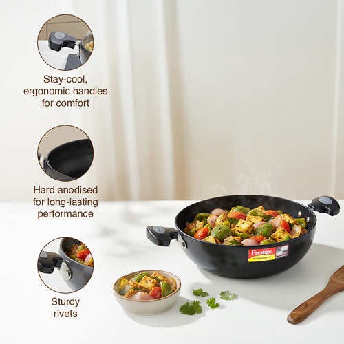 Prestige Hard Anodised Plus Gas and Induction Compatible Kadai with Glass Lid, 24 cm, Black