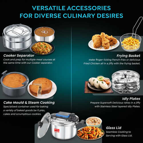 Prestige Cookcenter Induction Cooktop, Flip On Stainless Steel Pressure Cooker 5L 22cm Dia with Glass Lid, 4 Idly Plates, Frying Basket, Cake Mould 2.1, Cooker Separator 19cm Dia