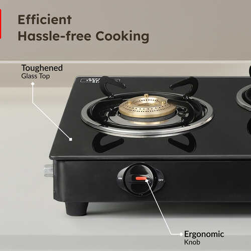 Prestige Iris 2 Burner Gas Stove | Toughened Glass Top | Tri-Pin Brass Burners | Ergonomic Knob | Black | 2Y Warranty | ISI Certified
