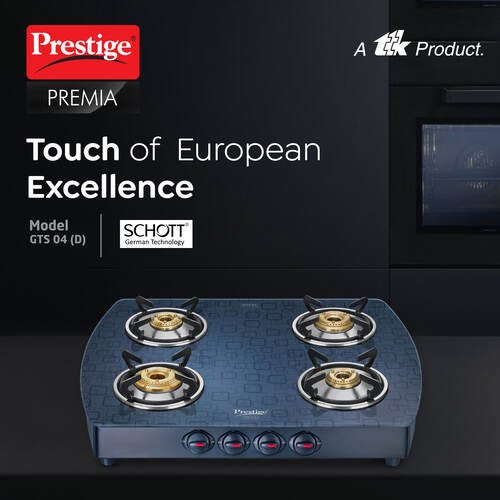 Prestige Premia Schott Glass Top Gas Stove (4 Burners) - GTS 04 (D) (Black)