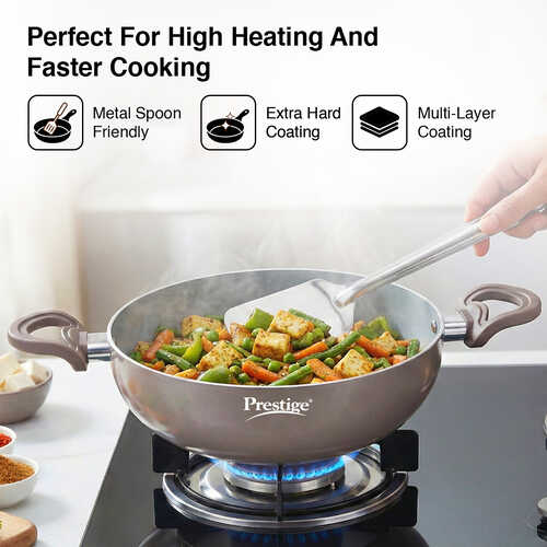 Prestige Ceraglide Duo Ceramic Coating Non Stick Aluminium Cookware Deep Kadai Dia 24 cm (3.0 Litre) with Glass Lid
