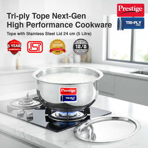 Prestige 24cm/5L Tri-Ply Stainless Steel Tope with Lid|Gas and Induction Compatible| Even Heat Distribution|Strong and Durable| 5 Years Warranty