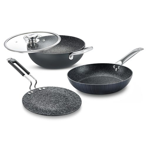 Prestige Durastone Hard Anodised Non-Stick Cookware Set - Fry Pan -24cm/1.9L, Concave Tawa - 24.5cm, Deep Kadai - 24cm/ 3.0L