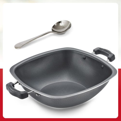 Prestige Omega Select Plus Aluminium Non-stick Coating Square Base Kadai with Glass Lid, 27cm, 4.0 L (Black)