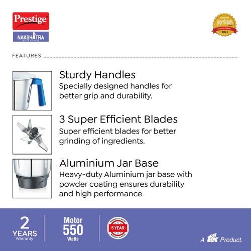 Prestige 550 Watts Nakshatra Mixer Grinder with 3 Stainless Steel Jars|3 Dome Lid| 3 Super Efficient Blades|Sturdy Handles