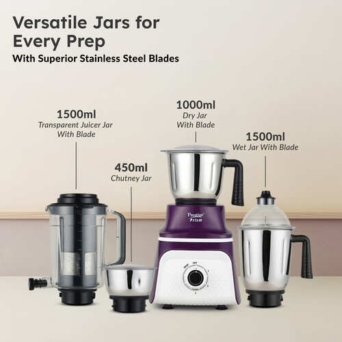 Prestige 750 Watts Prism Mixer Grinder with 4 Jars (3 Stainless Steel Jars + 1 Juicer Jar)| LED Power Indicator|Flow Breaker Design|Juicer Extractor Jar| Purple and White