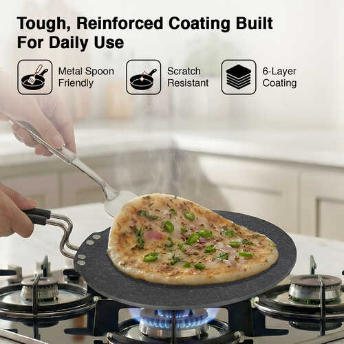 Prestige Durastone 28cm Hard Anodised Non-Stick Dosa Tawa| 6 Layer Non-Stick Coating| Gas and Induction Compatible| Metal Spoon Friendly| Stay Cool Handles| 2 Years Warranty| Black