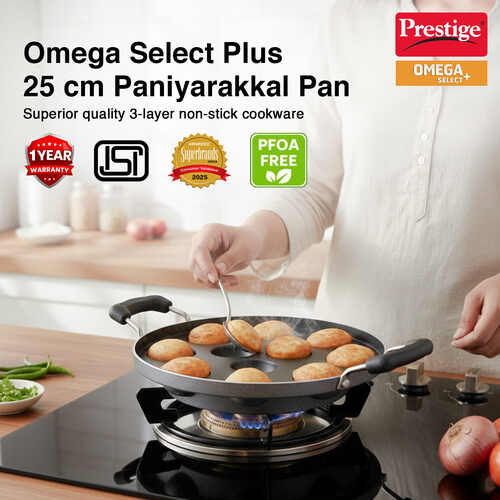 Prestige Omega Select Plus Teflon Coating Residue-free Cooking Round Base 11 Pits Paniyarakkal 25 cm (Black)