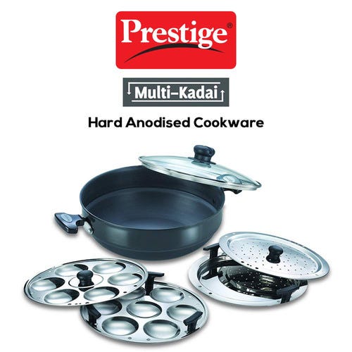 Prestige Hard Anodised Induction Base Multi-Kadai with Glass Lid (Dhokla Plate, Patra Plate, Idli Plates), (Black)
