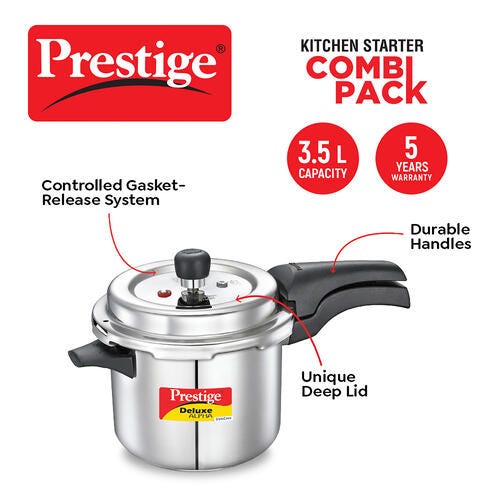 Prestige Deluxe Alpha 3.5 L Pressure Cooker + Platina Popular 22 cm (2.25 L) Kadai with Glass Lid and Platina Popular 22 cm (1.9 L) Fry Pan Kitchen Set