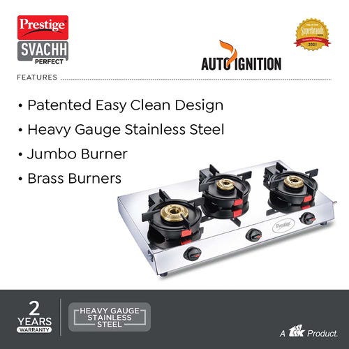 Prestige Svachh Perfect 3B with Liftable Burners Stainless Steel Auto-ignition Gas Stove