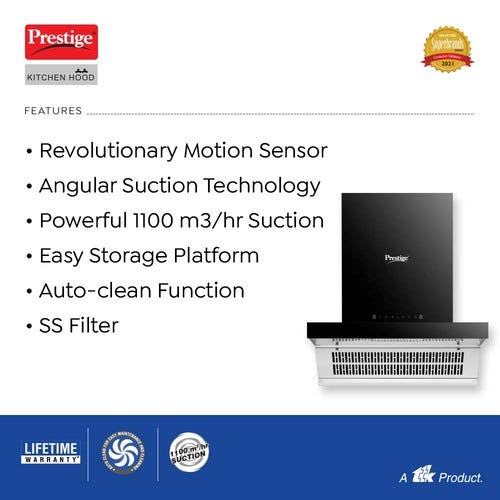 Prestige Tampa 600 KitchenHood with Auto Clean Function - Angular Suction - 1100m3/hr