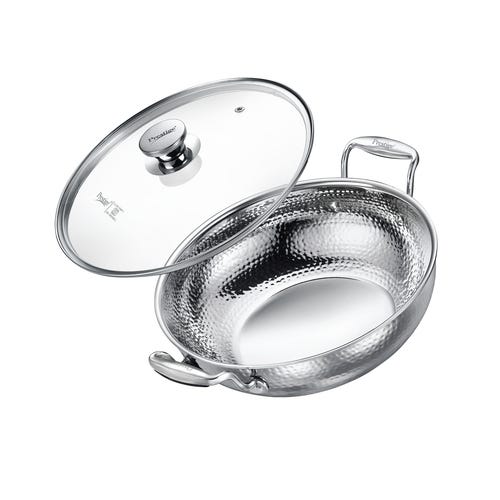 Prestige Tri Ply Hammered Stainless Steel Kadai with Glass Lid