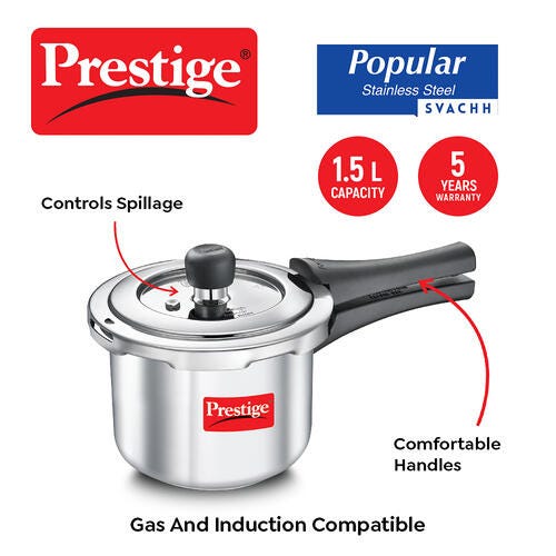 Prestige Svachh Popular Spillage Control Stainless Steel Pressure Cooker, (Silver) | Gas and Induction Compatible