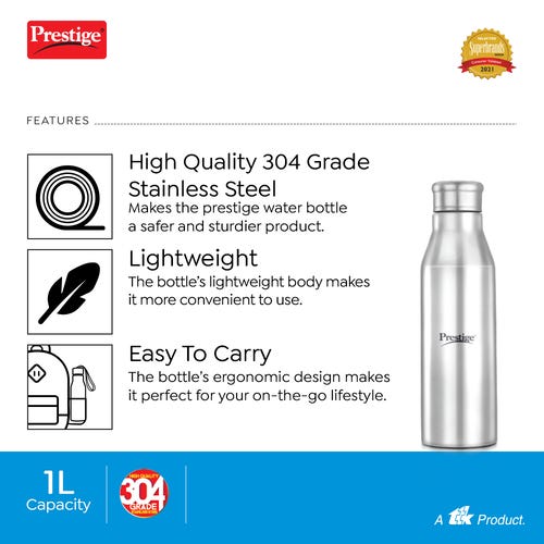Prestige PSWBC 17 Stainless Steel Spill Free Water Bottle, 1 Litre, Silver