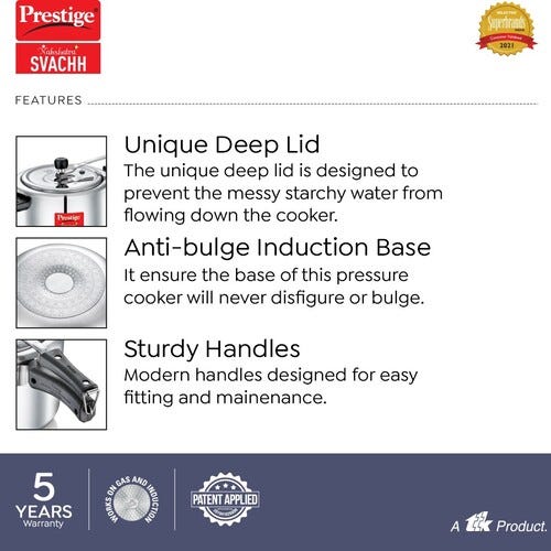 Prestige Svachh Nakshatra Plus 5 L, 3 L Inner Lid Induction Bottom Pressure Cooker (Aluminium)
