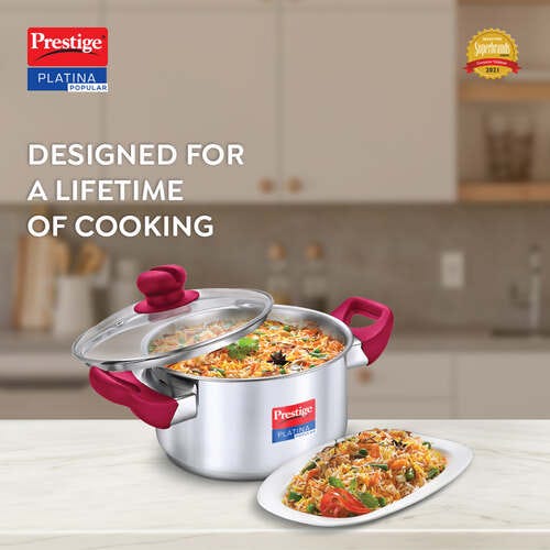 Prestige Platina Popular Stainless Steel Unique Impact Forged Bottom Casserole with Glass Lid - Silver