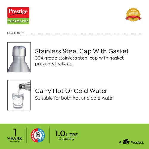 Prestige Thermopro PWSL 4 Stainless Steel Vacuum Water Bottle, 1 L (Silver)