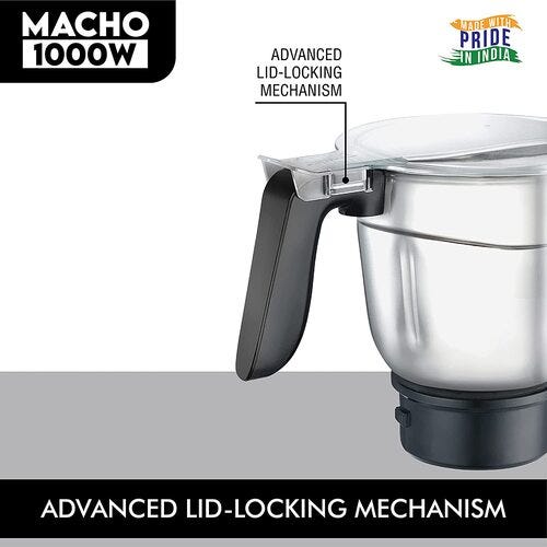 Prestige 1000 Watts Macho Mixer Grinder with 4 Jars (3 Stainless Steel Jars + 1 Juicer Jar)|Advance Lid Lock Mechanism| Stainless Steel Body| Silver & Black