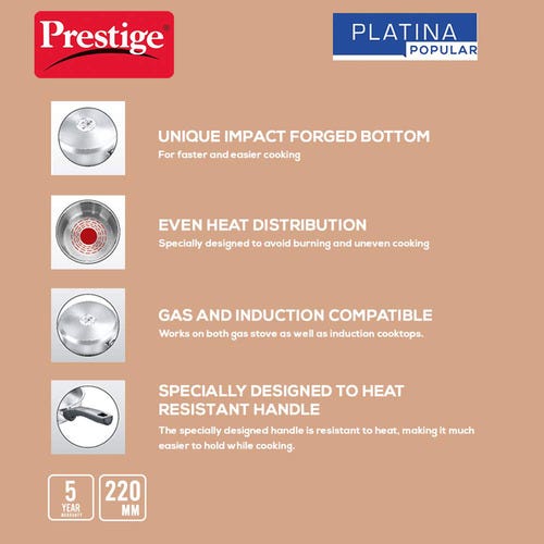 Prestige Platina Popular Stainless Steel Fry Pan, 22 cm (1 L) Silver