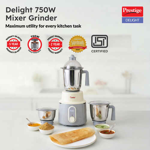 Prestige Delight 750 W Mixer Grinder, 3 Stainless Steel Jars (1500 ml, 1000 ml, 300 ml) (Charcoal Grey)