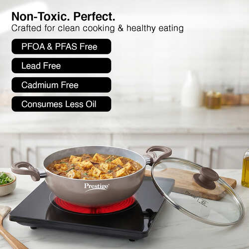 Prestige Ceraglide Duo Ceramic Coating Non Stick Aluminium Cookware Deep Kadai Dia 24 cm (3.0 Litre) with Glass Lid