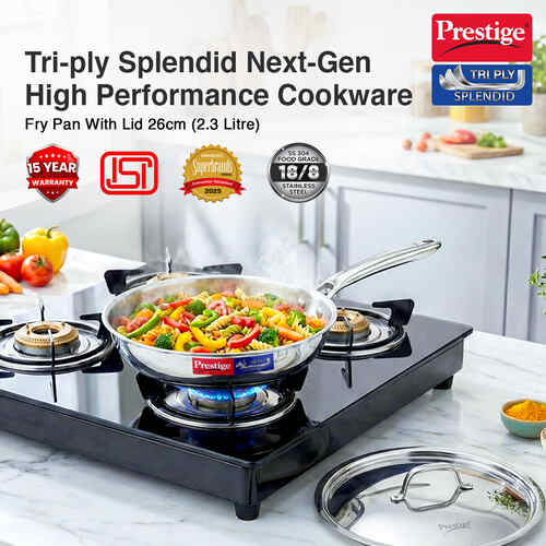 Prestige 26cm/2.3L Tri-Ply Stainless Steel Splendid Fry Pan with Lid|Gas and Induction Compatible|Even Heat Distribution| Thick Gauge Tri-Ply Body|15 Year Warranty