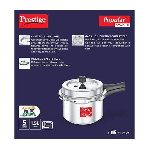 Prestige Popular Plus Svachh Virgin Aluminium Spillage Control Pressure Cooker (Silver)