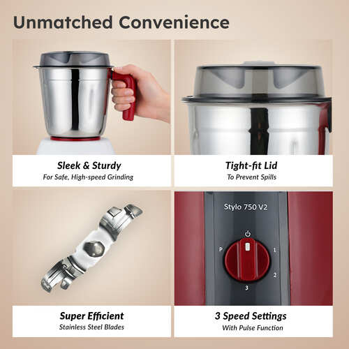 Prestige 750 Watts Stylo V2 Mixer Grinder with 3 Stainless Steel Jar| Ergonomic Design| See-Through Lids|Sturdy Handles| Durable Body| Red and White